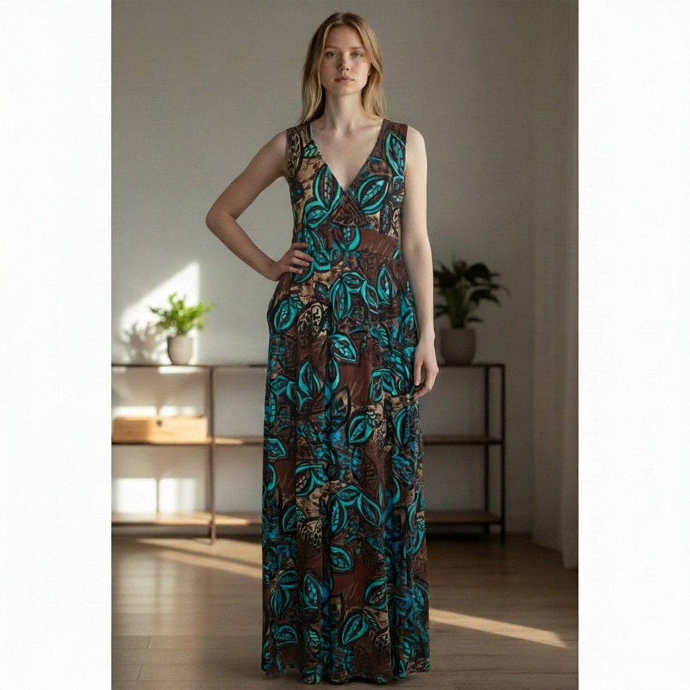 Kate & Mallory Maxi Dress L Brown Turquoise Abstract Leaf V-Neck Empire Waist